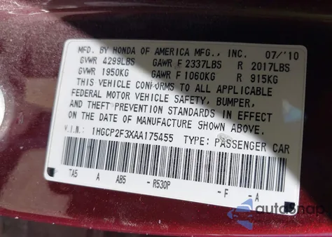 2010 Honda Accord 2.4 Lx from USA, damaged, VIN 1HGCP2F3XAA175455